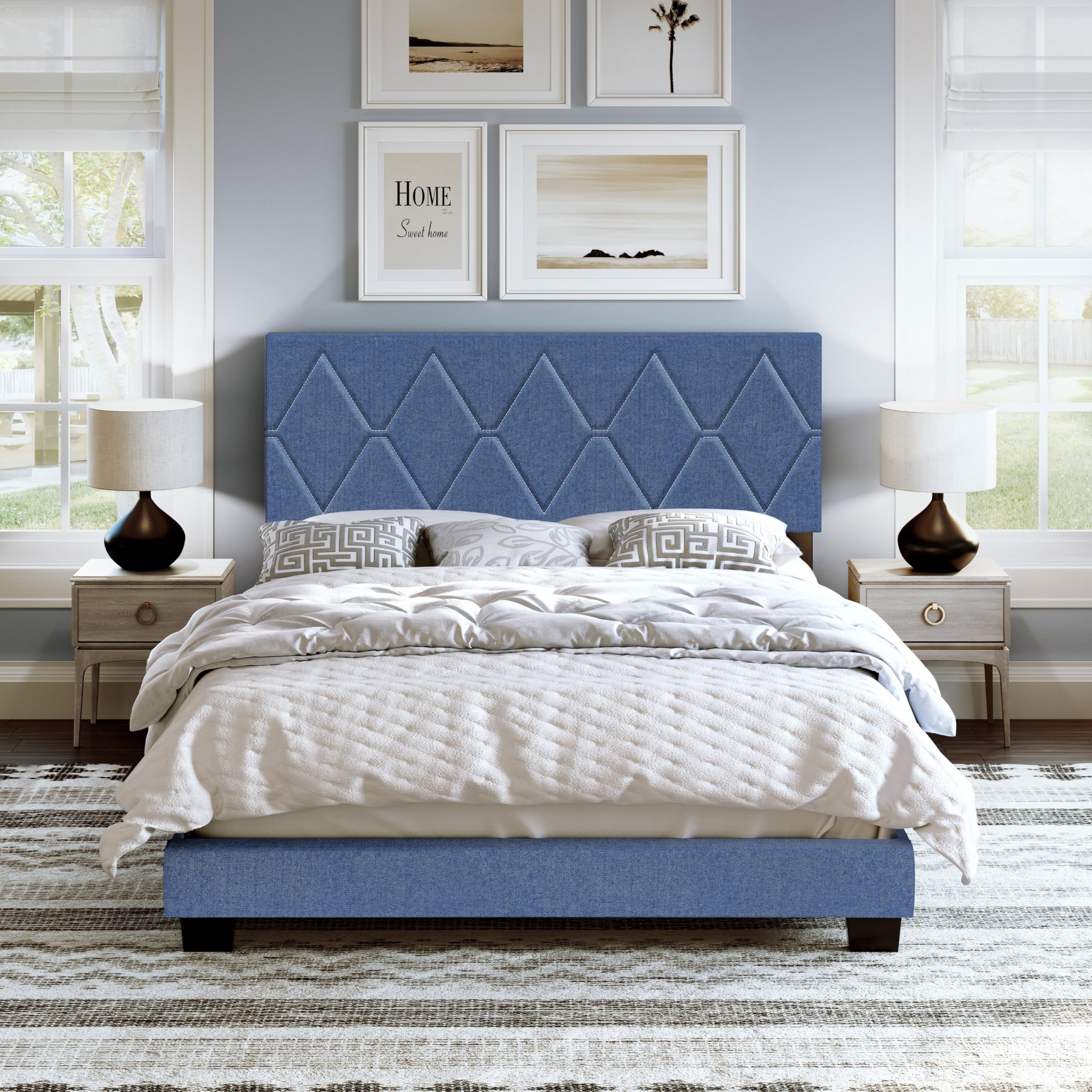 Boyd Sleep Diamond Upholstered Platform Bed with Headboard and Durable Mattress Foundation with Strong 4 Wood Slat Supports, Box Spring Required: Full, Black